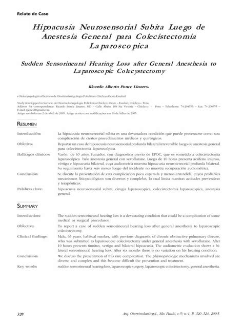 Pdf Hipoacusia Neurosensorial Subita Luego De Anestesia Pdf