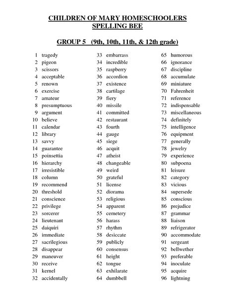 Spelling Bee Words List 2nd Grade