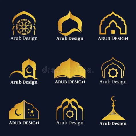 Gold Arabic Doors And Mosque Architecture Art Logo Vector Set Design