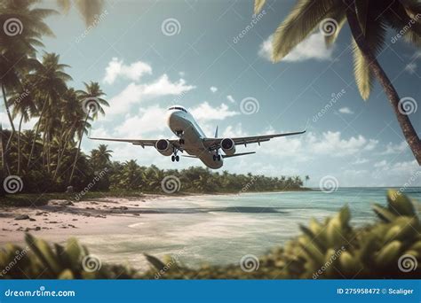 Airplane Landing At Tropical Resort Plane Flying Above Sea Beach And