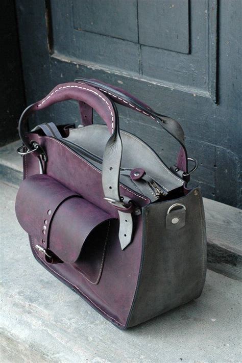 Leather Shoulder Bag With Clutch Set Handmade Bag Ladybuq Plum And Grey