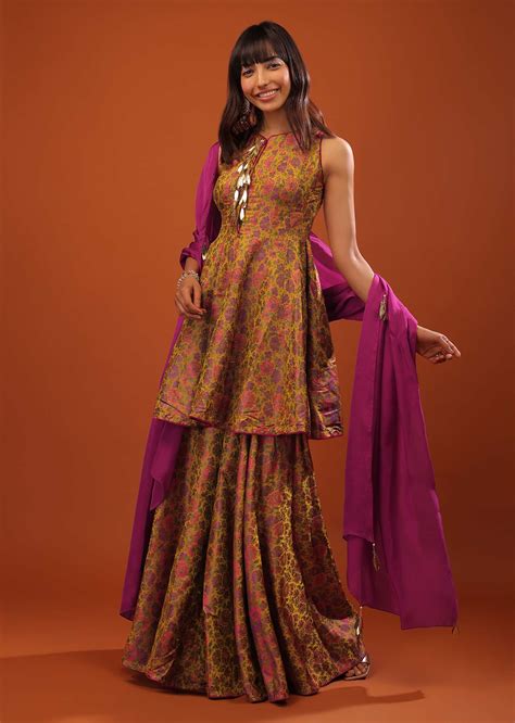 Buy Multicolor Banarasi Brocade Peplum Sharara Suit With Woven Floral