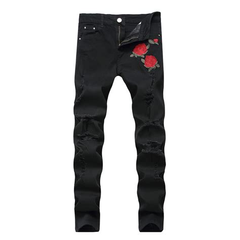 Rose Embroidery Black Slim Fit Ripped Jeans For Men Jeans And Men Jeans Price