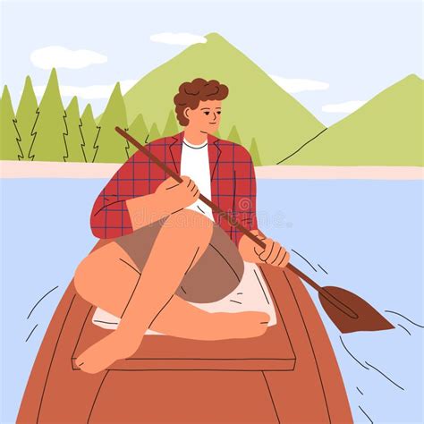 Man Sailing On Wood Boat With Paddle Calm Person Relaxing Rowing