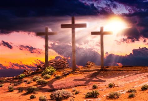 Crucifixion Scene With Three Cross On Hill Concept Easter Jesus