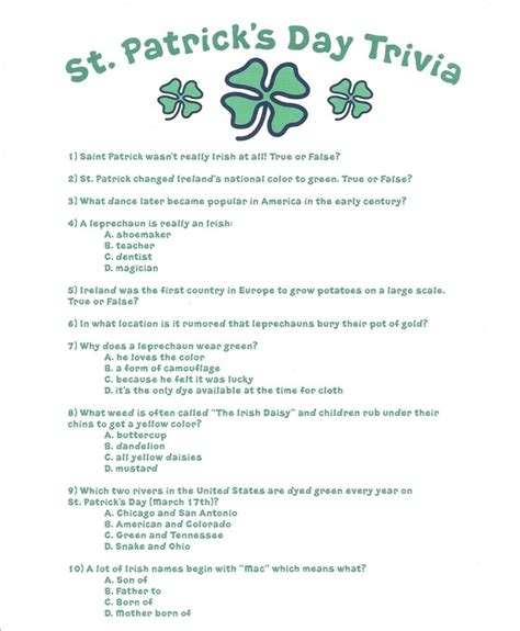 Free Printable St Patricks Day Trivia Questions And Answers