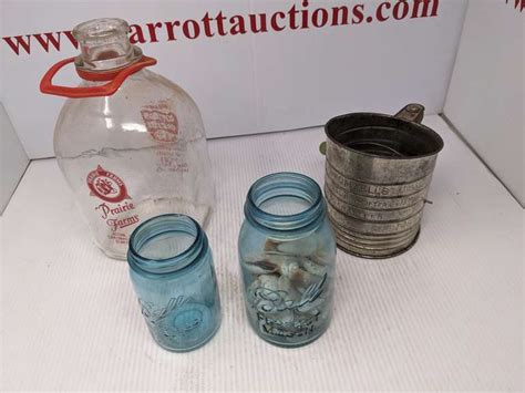 1 Gal Glass Prairie Farms Milk Jug 2 Blue Ball Caning Jars And Green