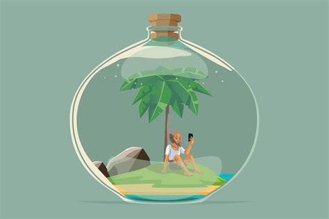 Premium Vector A Sad Castaway Man Stranded On An Island With No Phone