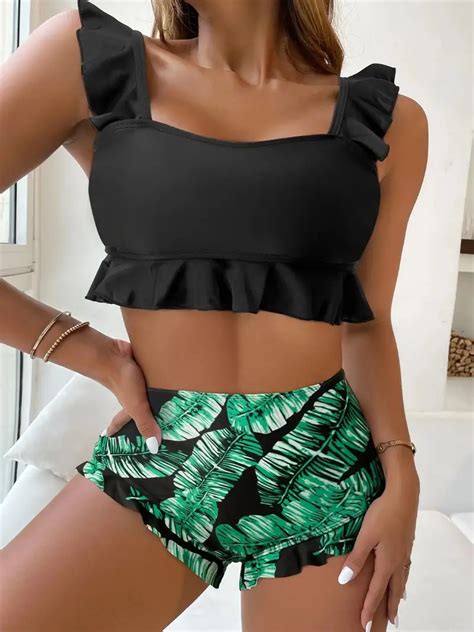 Traje De Ba O Dos Piezas Top Negro Bikini Estampado Hojas
