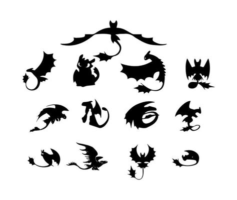 The Silhouettes Of Different Types Of Dragon Heads And Wings Are Shown