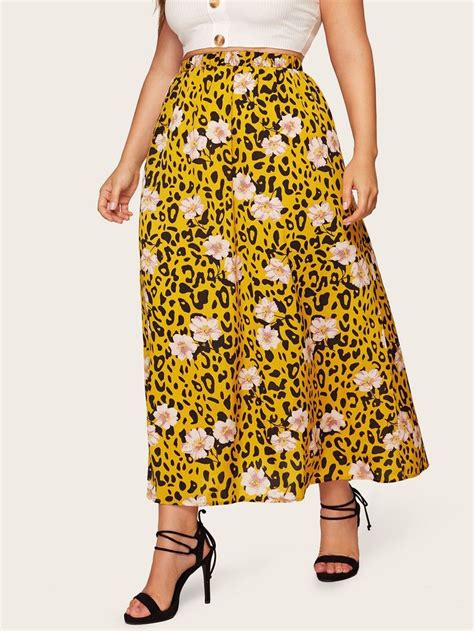 Shein Plus Elastic Waist Floral And Leopard Print Skirt Leopard Print