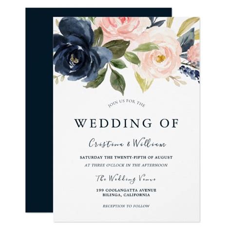 Navy Blue Blush Pink Watercolor Floral Wedding Invitation Zazzle