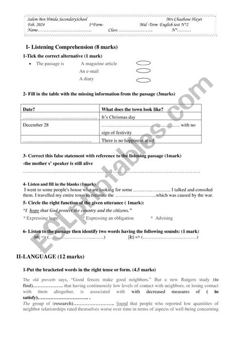 Mid Term Test N2 1st Form ESL Worksheet By Fourat