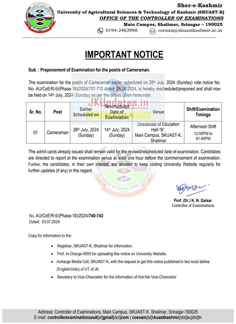 SKUAST Kashmir Notice Regarding Preponement Of Examination Check