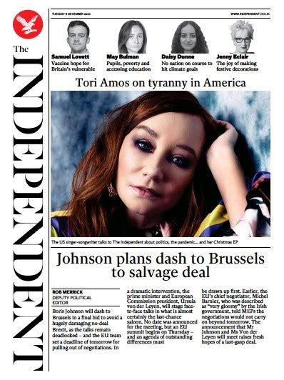 The Independent (UK) Front Page for 8 December 2020 | Paperboy Online ...