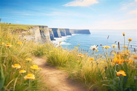 Coastal Trail With Sea View Cliffs And Wildflowers Stock Image
