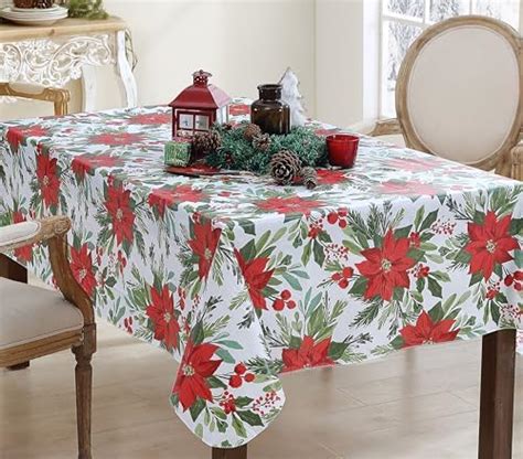 Newbridge Poinsettia Flourish Contemporary Vinyl Flannel Back Christmas Tablecloth