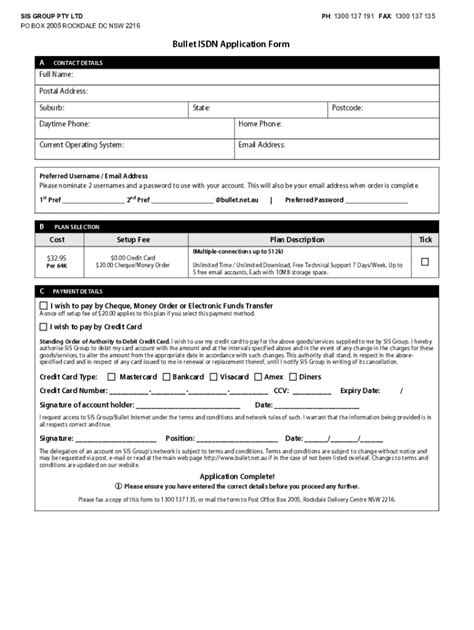 Fillable Online Sisgroup Net Bullet Isdn Application Form Sis Group