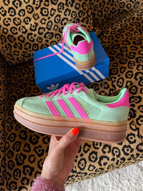 Adidas Gazelle Bold Platform Trainers Green Pink Funky Shoes Trendy