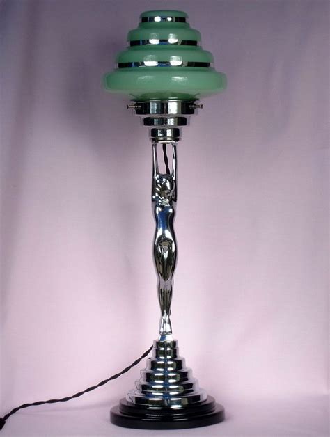 Antique Art Deco Chrome Bakelite Diana Lady Lamp Green Glass Shade Ebay Art Deco Lamps Art