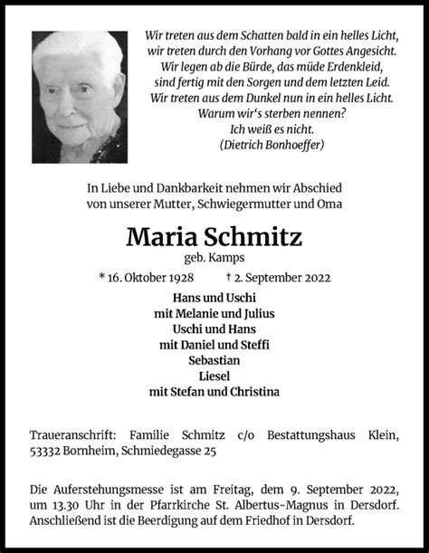 Traueranzeigen Von Maria Schmitz WirTrauern