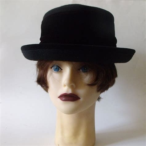 Sale 80s Black Wool Felt Brimmed Hat 1980s Felt Hat With