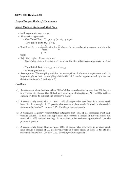 Handout Hypothesis Test Proportion Stat Handout Large Sample