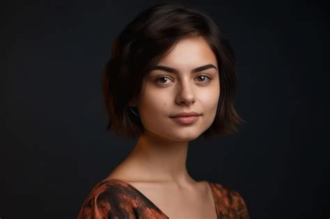 Premium AI Image Beautiful Brunette Woman In Dress With Short Beauty Hair Happy Clean Fresh Skin