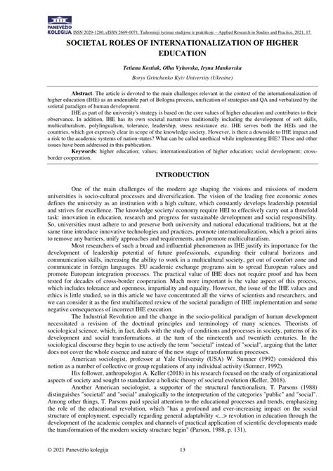 Pdf Societal Roles Of Internationalization Of Higher Education