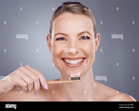 Bamboo Toothbrush Toothpaste And Portrait Of Woman For Dental Wellness