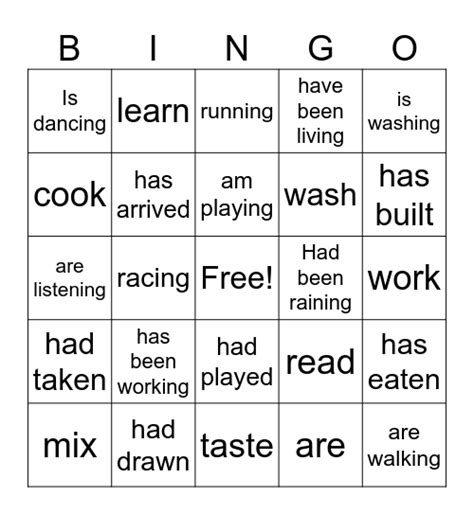 Present Tense Bingo Card