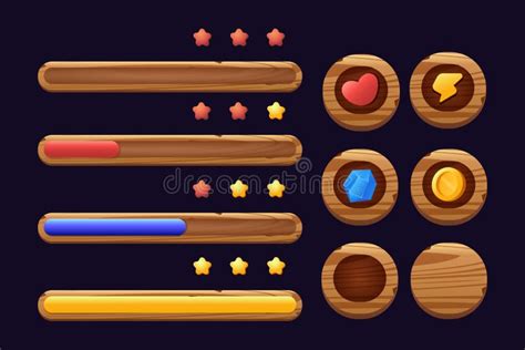 Game Buttons Of Wooden And Gold Texture Cartoon Menu Interface Elements