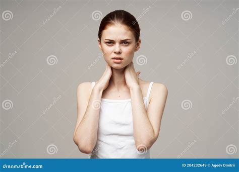 Red Haired Woman Touching Herself With Hands White T Shirt Cropped View Stock Image Image Of