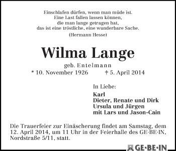 Traueranzeigen Von Wilma Lange Trauer Gedenken