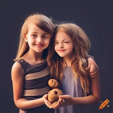 Two Girls Hugging And Holding A Chocolate Chip Cookie On Craiyon