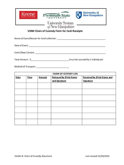 Fillable Online USNH Chain Of Custody Form For Cash Receipts Fax Email