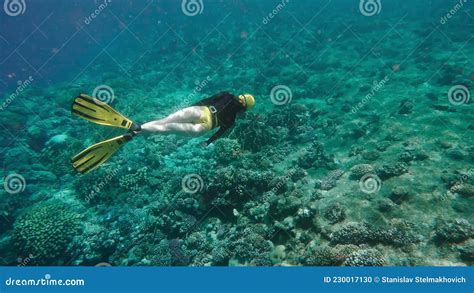 Freediver Exploring Coral Reef In Sea Freediving Is A Sport When A