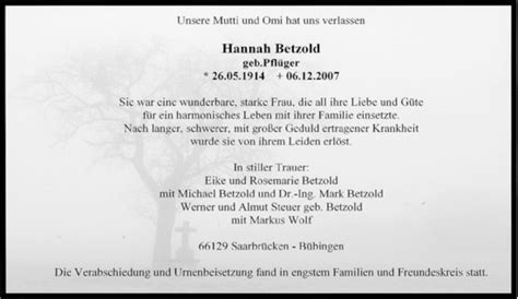 Traueranzeigen Von Betzold Hannah Saarbruecker Zeitung Trauer De