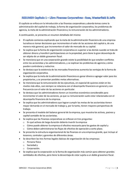 Resumen Capítulo 1 Libro Finanzas Corporativas Ross Westerfield