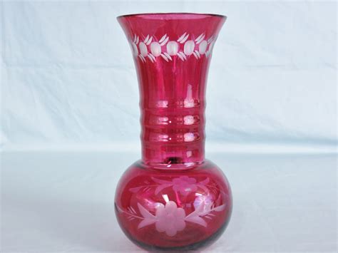 Cranberry Glass Cut To Clear Etched Polished Vase Etsy