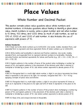 Place Value Packet Decimal Numbers And Whole Numbers By Teach Them Math