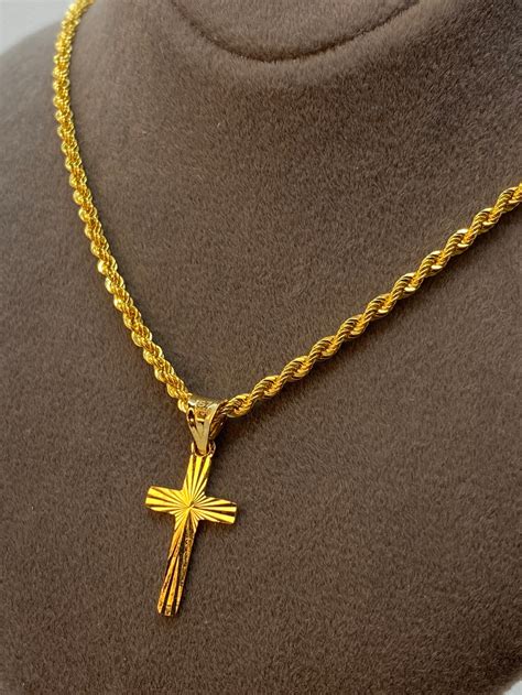 K Solid Gold Cross Necklace Diamond Cut With Rope Chain So Etsy