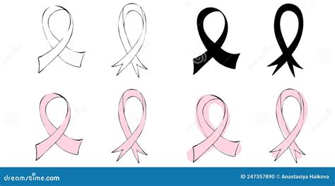 Set Of Pink Ribbons And Silhouettes Fighting Breast Cancer Print For