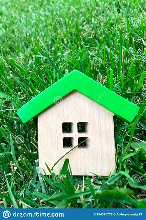 Miniature Wooden House On Grass Real Estate Concept Eco Friendly And Energy Efficient House