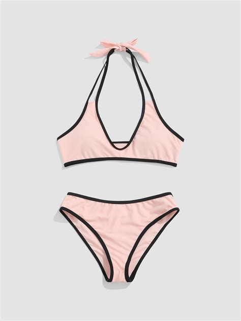 Contrasting Edge Bowknot Bikini Set Cider