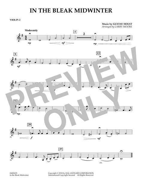 In The Bleak Midwinter Arr Larry Moore Violin 2 Sheet Music