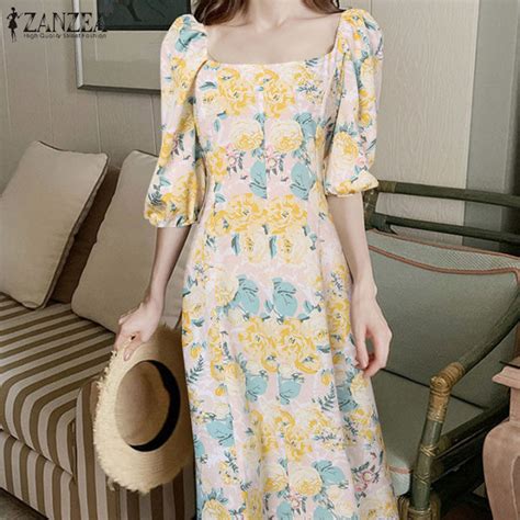 Free Shipping Zanzea Korean Style Dress For Women Puff Sleeve Square