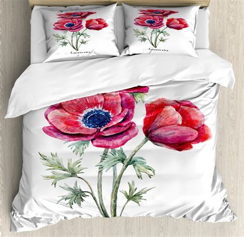 Watercolor Flower Duvet Cover King Poppies Wildflower Nature Buds White