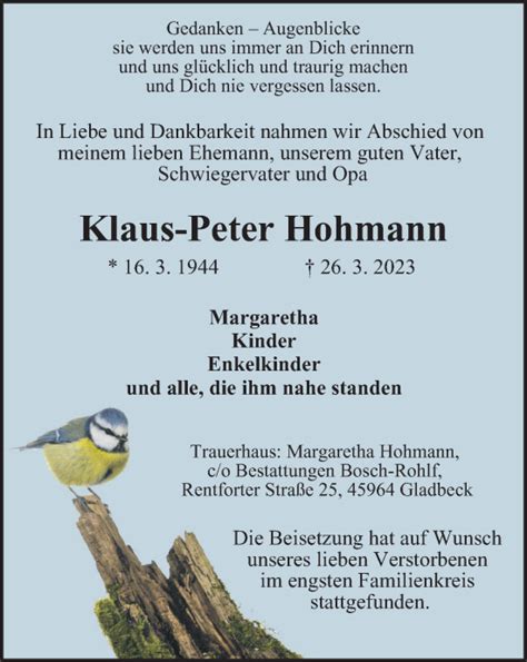 Traueranzeigen Von Klaus Peter Hohmann Trauer In Nrw De