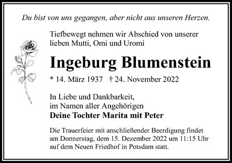 Traueranzeigen Von Ingeburg Blumenstein Trauer Anzeigen De